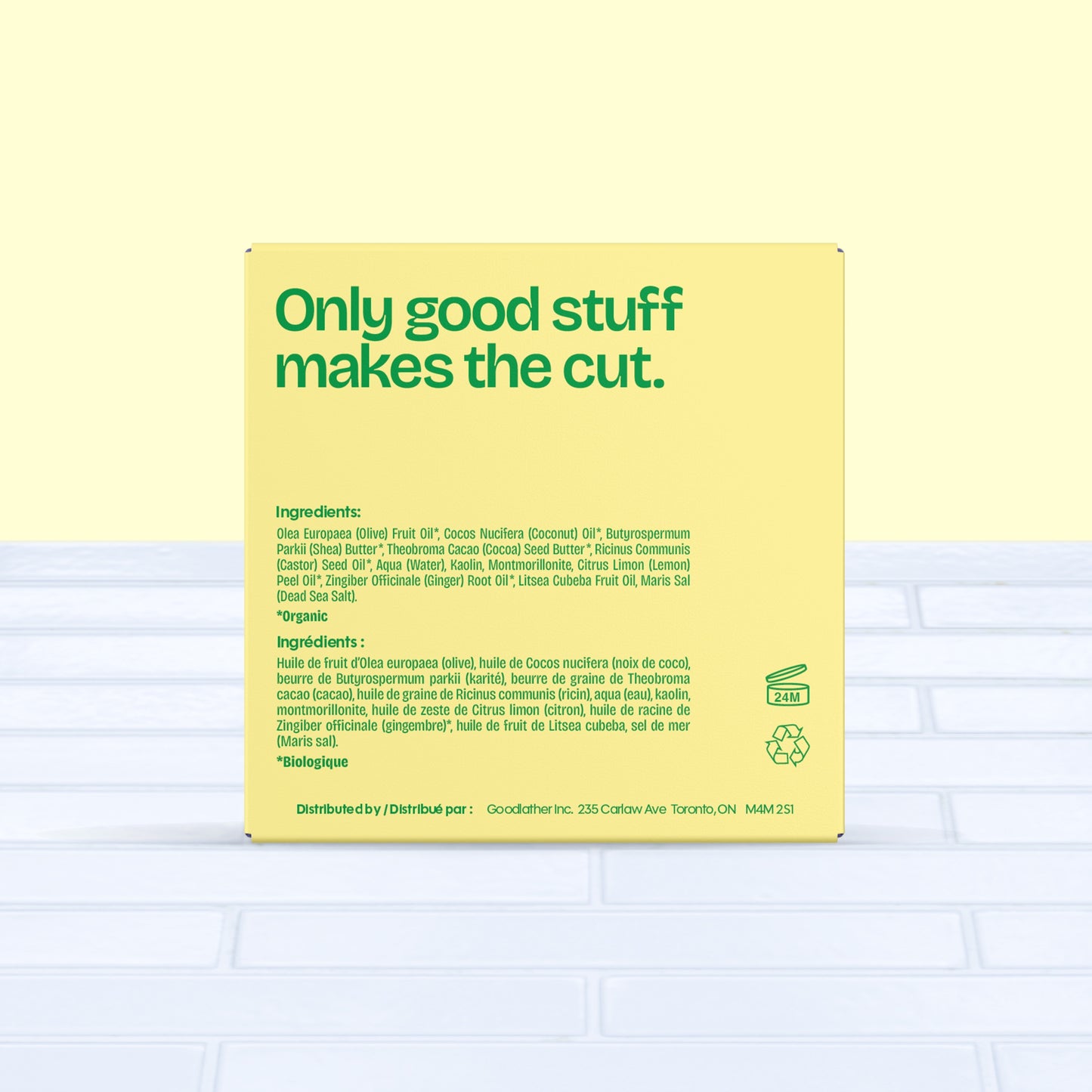 A bright yellow and green Goodlather Lemongrass and Ginger Bar Soap box features “Only good stuff makes the cut,” ingredients in English and French, plus vegan, recycling, and eco-friendly icons on the right.